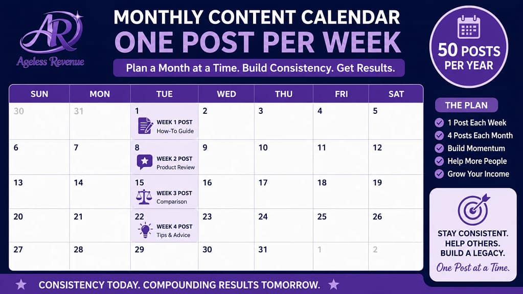 Sustainable content calendar retiree blogger one post per week monthly plan