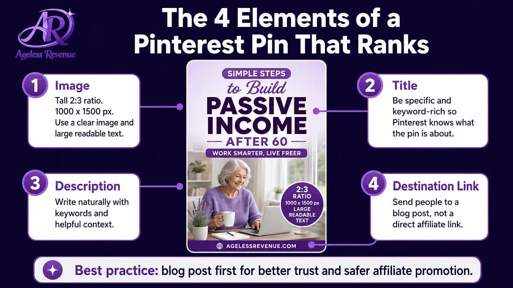 Pinterest pin anatomy for senior affiliate bloggers image title description destination link