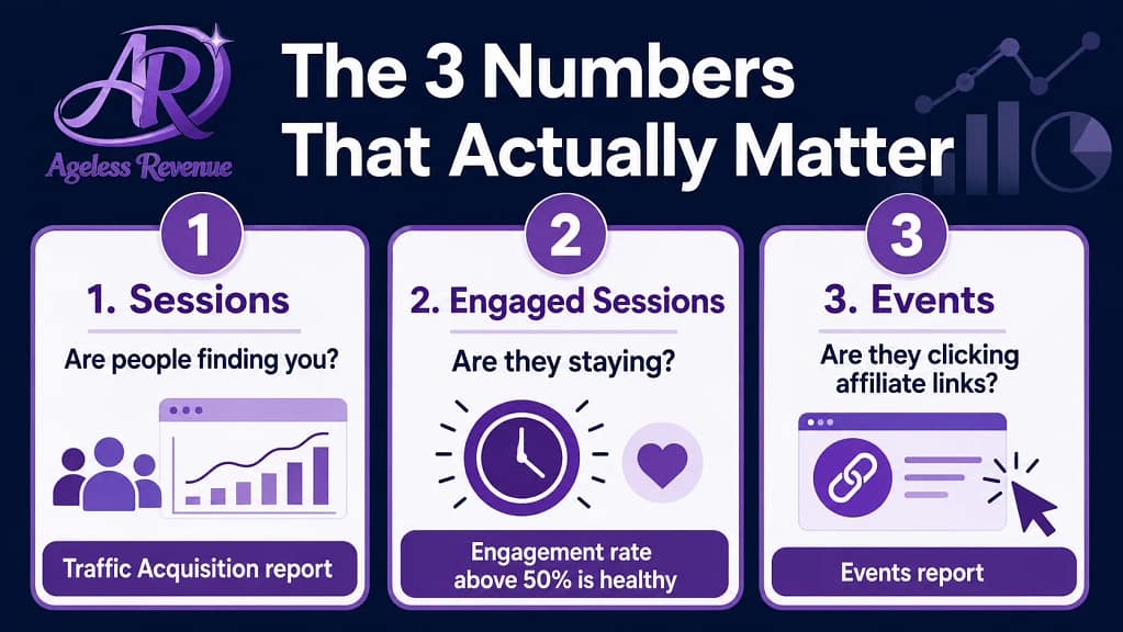 Three Google Analytics numbers retiree bloggers sessions engaged sessions events affiliate clicks