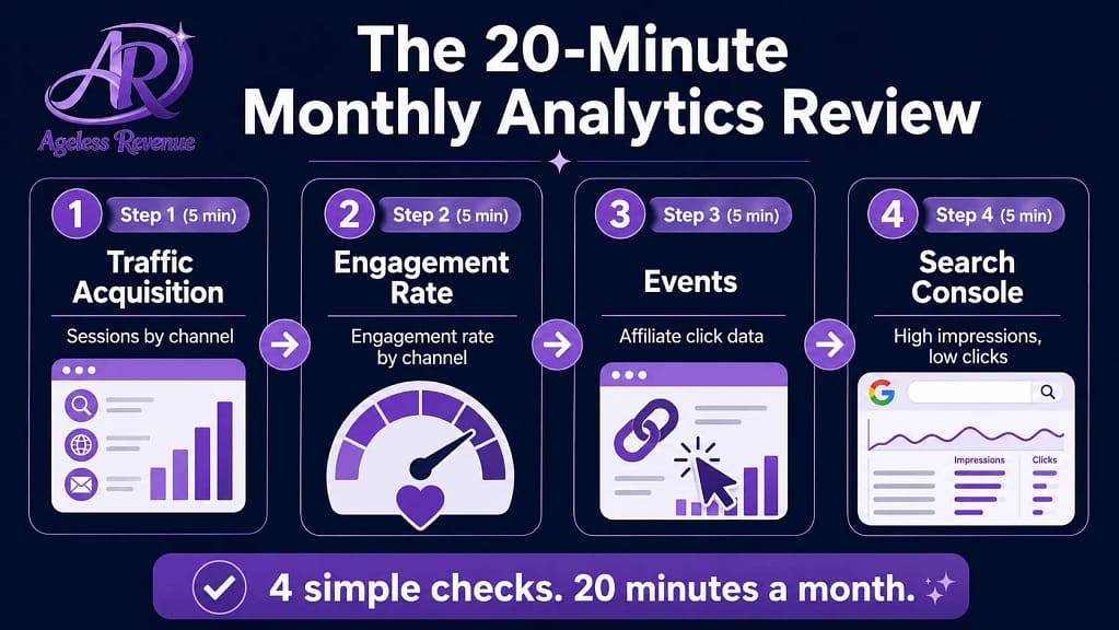Monthly Google Analytics review routine 20 minutes four steps retiree blogger