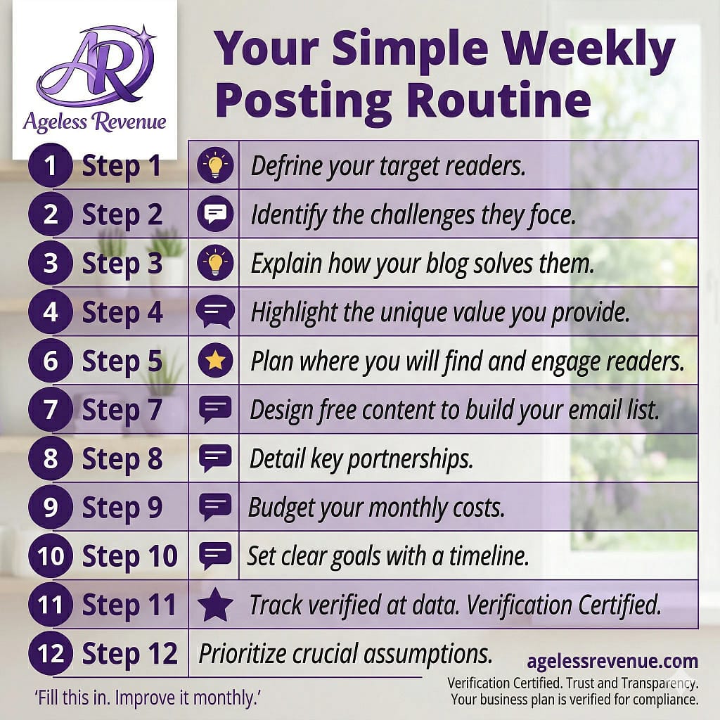 One-page business plan template infographic for retiree bloggers showing twelve fill-in prompts including audience, offer, value proposition, traffic channels, budget, milestones, and metrics