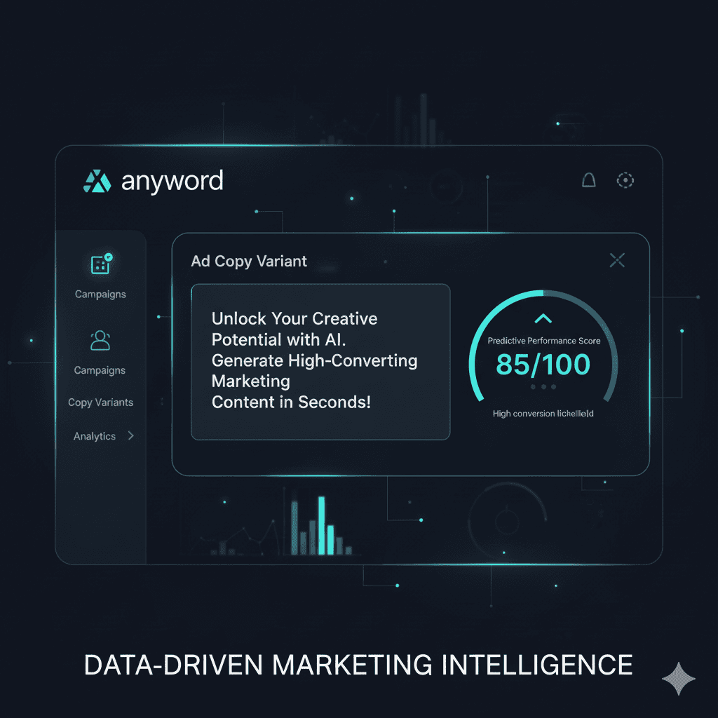 Anyword AI copywriting software showing predictive performance score for ad copy.