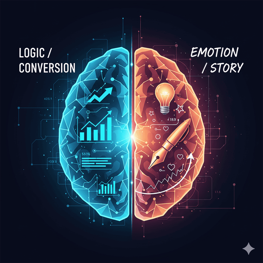 AI tools for creative writing vs marketing copy, blending logic and emotion in content.