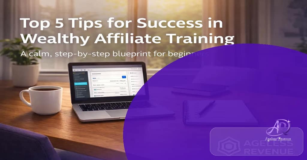 Featured image showing a calm, professional home workspace for learning Wealthy Affiliate training, with title overlay and Ageless Revenue branding