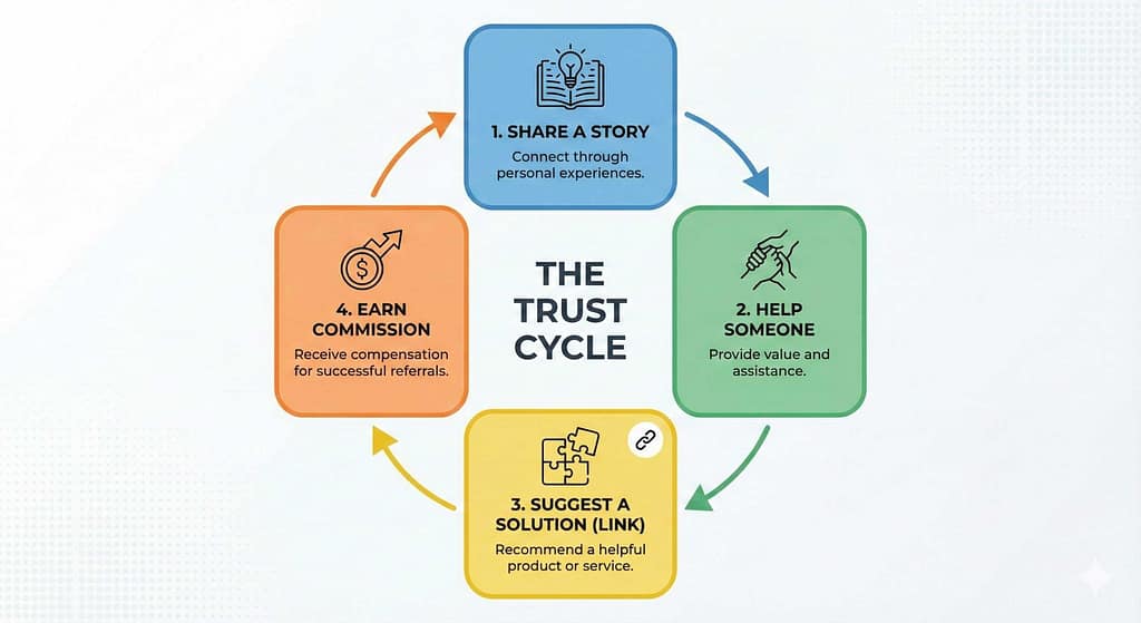 Infographic showing how sharing stories leads to affiliate sales, Affiliate marketing on social media for retirees