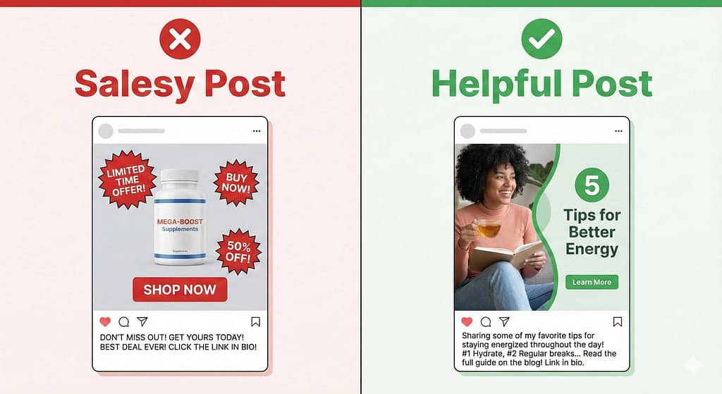 Comparison between a spammy sales post and a helpful, genuine post