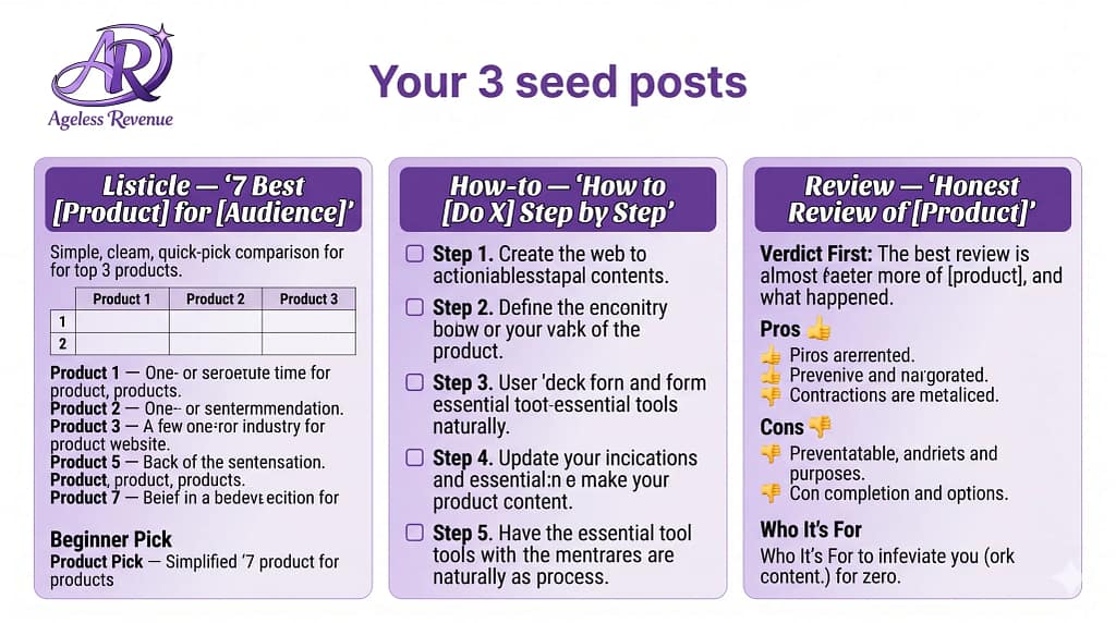 Three-column infographic showing the three post types for a beginner affiliate blogger: a listicle, a how-to guide, and a product review, with structure tips for each