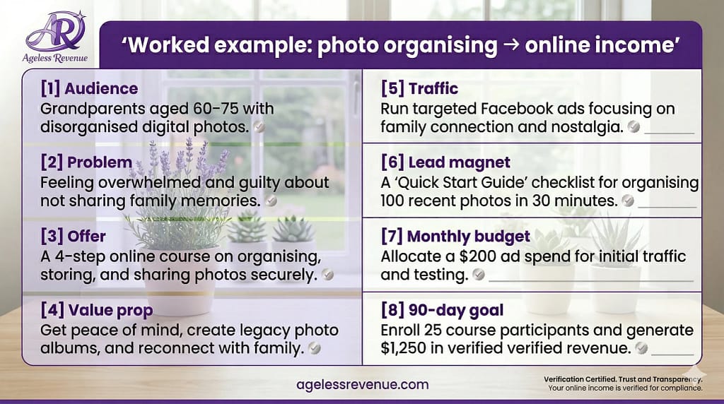 Worked example infographic showing a complete one-page business plan for a retiree starting an online business around photo organising, with audience, offer, value proposition, traffic, and 90-day goal
