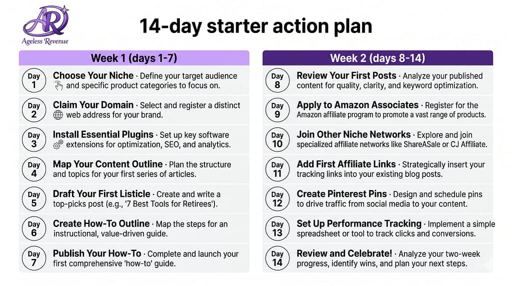 Two-week day-by-day action plan infographic for starting affiliate marketing with no experience, showing specific daily tasks for 14 days from choosing a niche to publishing and joining affiliate programs