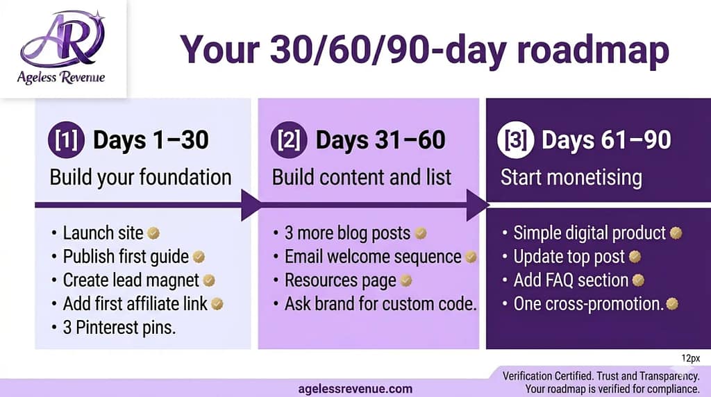 Worked example infographic showing a complete one-page business plan for a retiree starting an online business around photo organising, with audience, offer, value proposition, traffic, and 90-day goal