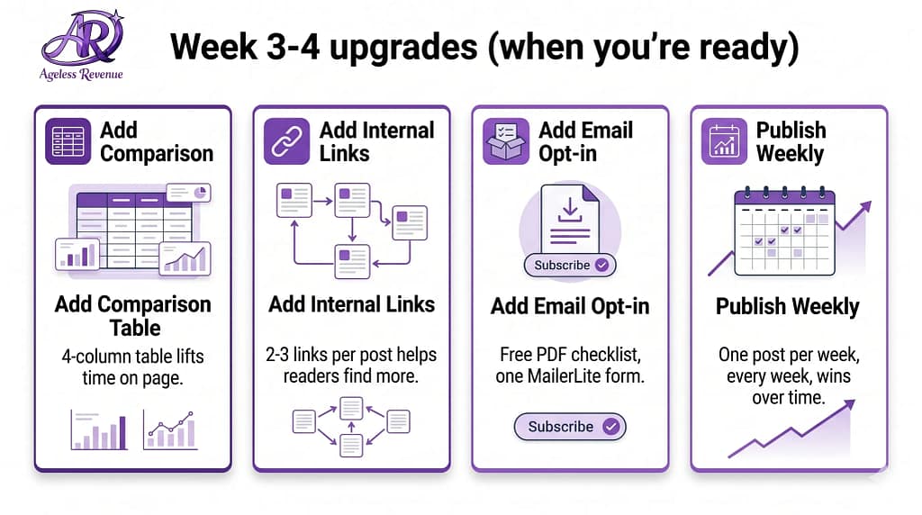 Four-item upgrade checklist infographic for weeks three and four of starting an affiliate blog, showing adding a comparison table, internal links, email opt-in, and consistent weekly publishing