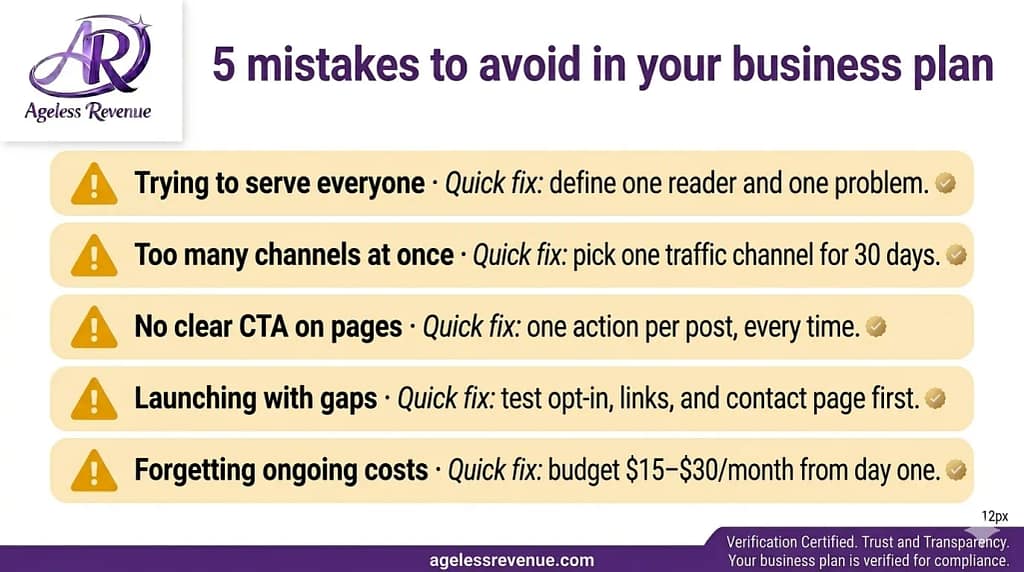 Five common mistakes infographic for retiree online business planning, showing mistakes including targeting everyone, using too many channels, no clear CTA, launching with gaps, and forgetting ongoing costs, each with a quick fix