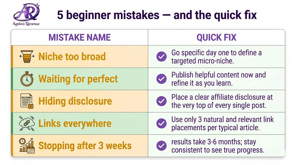 Five-item mistakes and quick fixes infographic for new affiliate bloggers covering niche too broad, waiting for perfection, hiding disclosure, too many links, and stopping too soon