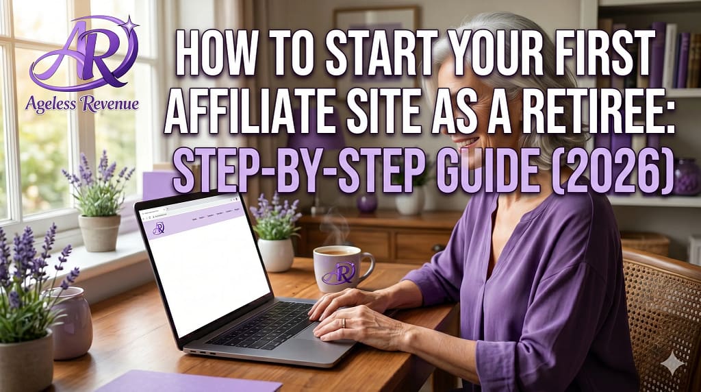 Smiling retiree woman in her 60s at a bright home desk with a laptop showing a simple website homepage on screen, looking confident and calm, representing starting a first affiliate site in 2026
