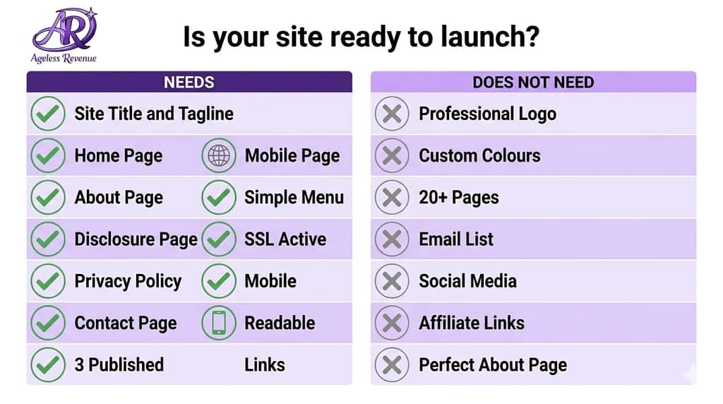 Ready to launch checklist infographic for a first affiliate website showing the eleven items that must be complete before going live, including SSL, mobile readability, and three published posts