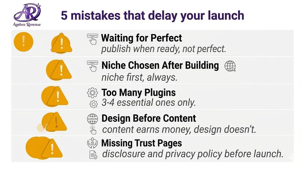 Five common mistakes infographic for retirees setting up their first affiliate website including waiting too long to launch, choosing niche after building, too many plugins, too much time on design, and forgetting trust pages