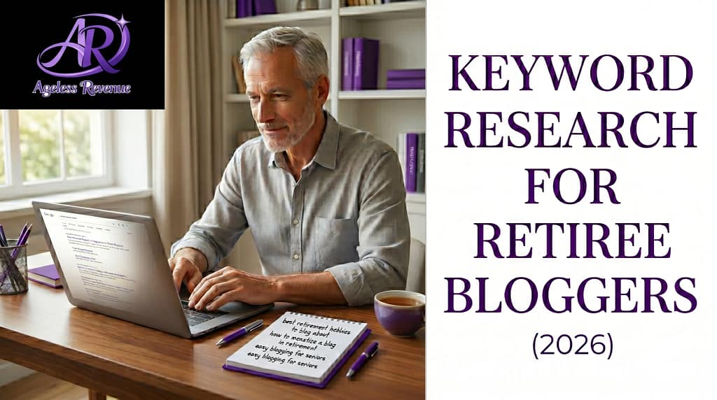 Retiree man at a home desk with a laptop showing a Google search results page, a notepad with keyword ideas beside it, calm and focused expression
