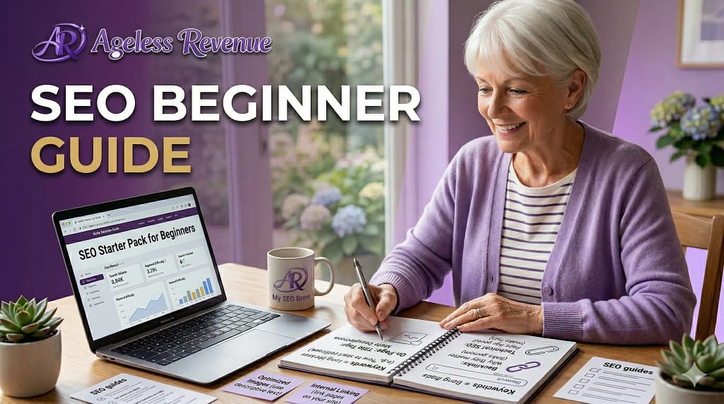 SEO beginner guide featured image using Ageless Revenue purple branding