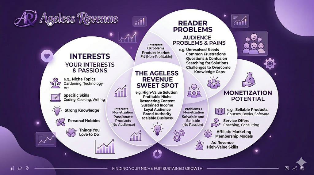 Diagram showing the overlap between interests, reader problems, and monetization