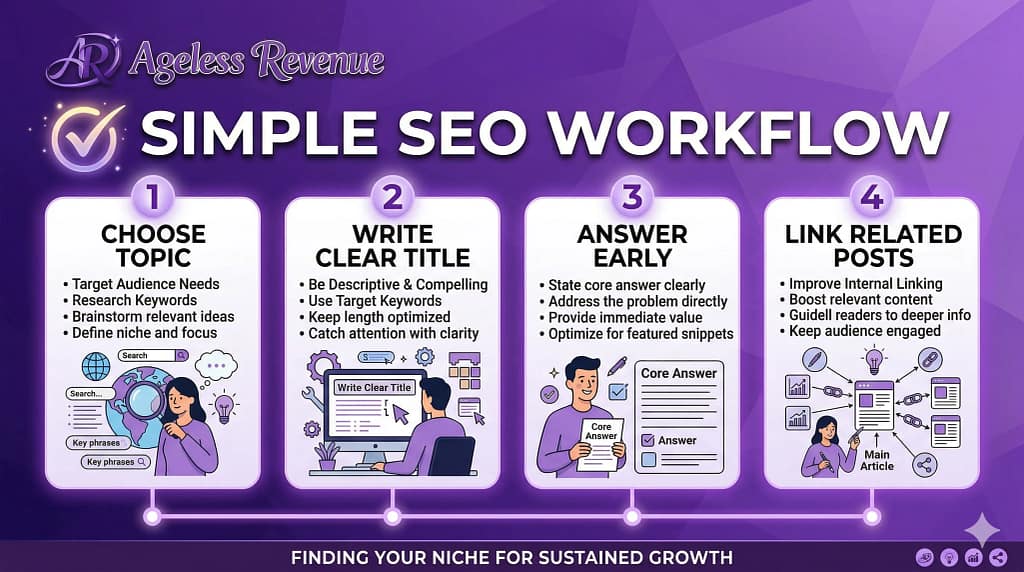 Roadmap graphic showing a simple SEO workflow for beginners