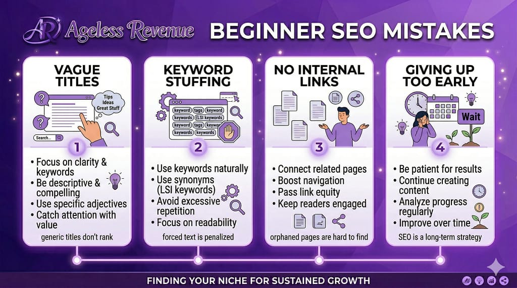 Checklist graphic showing beginner SEO mistakes to avoid