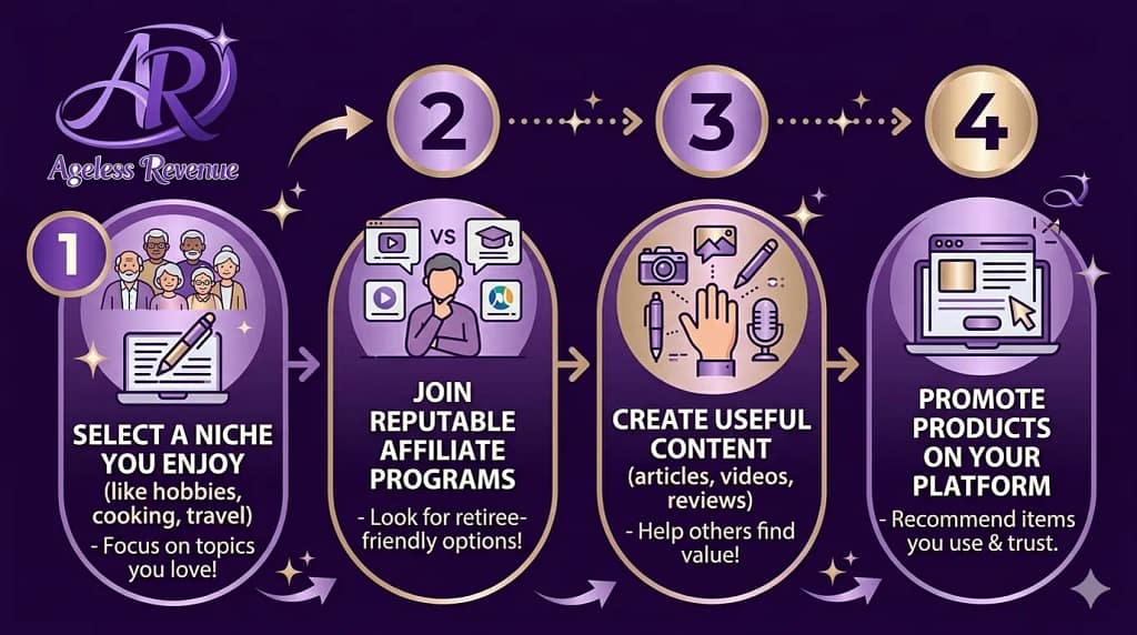 Infographic showing 4-step affiliate marketing flow from content to commission for retirees