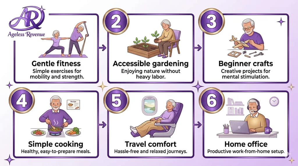 Six beginner-friendly niche ideas for retiree affiliate bloggers including gardening and crafts