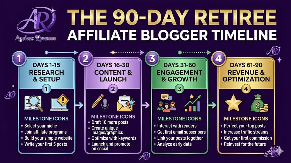 90-day affiliate marketing timeline for retirees from site setup to first commission