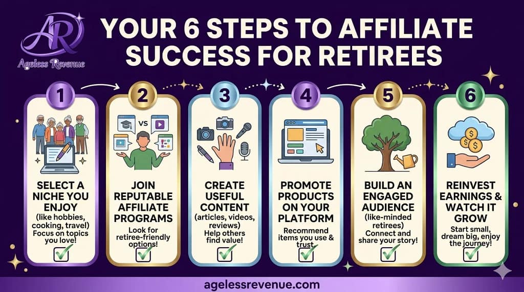 6-step affiliate marketing checklist summary for retirees starting their online income journey