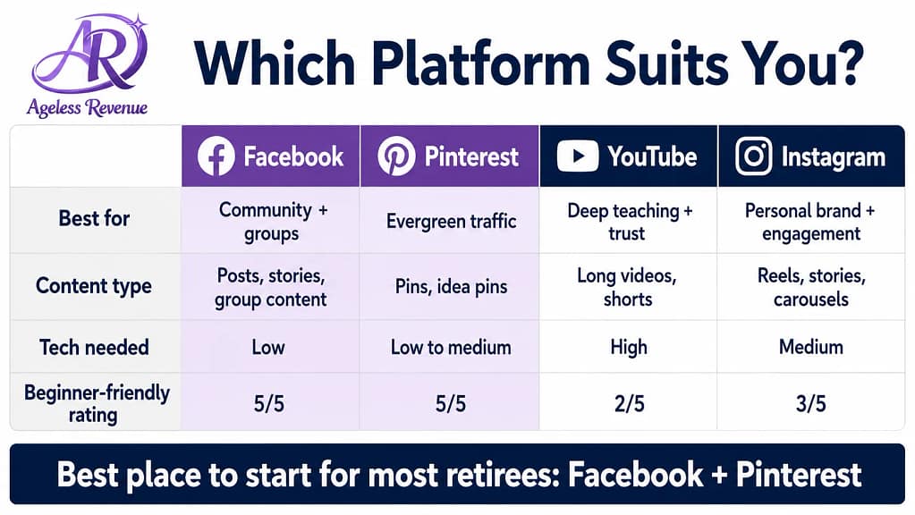 Social media platform comparison for retirees affiliate marketing — Facebook Pinterest YouTube Instagram