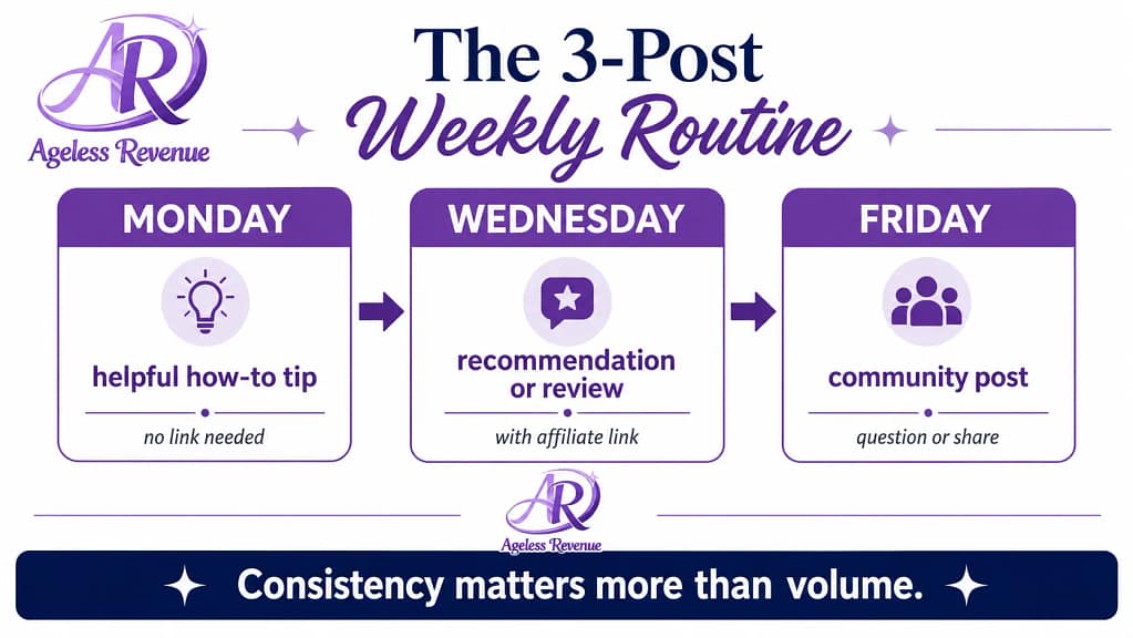 Social media affiliate marketing weekly posting routine — 3 posts per week Monday Wednesday Friday
