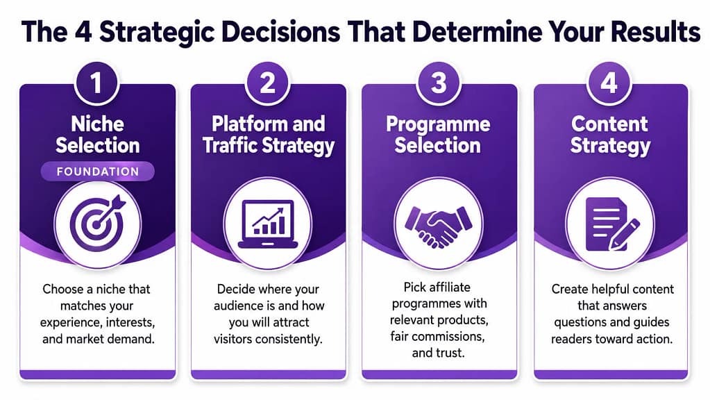 Four strategic decisions in affiliate marketing — niche platform programmes content