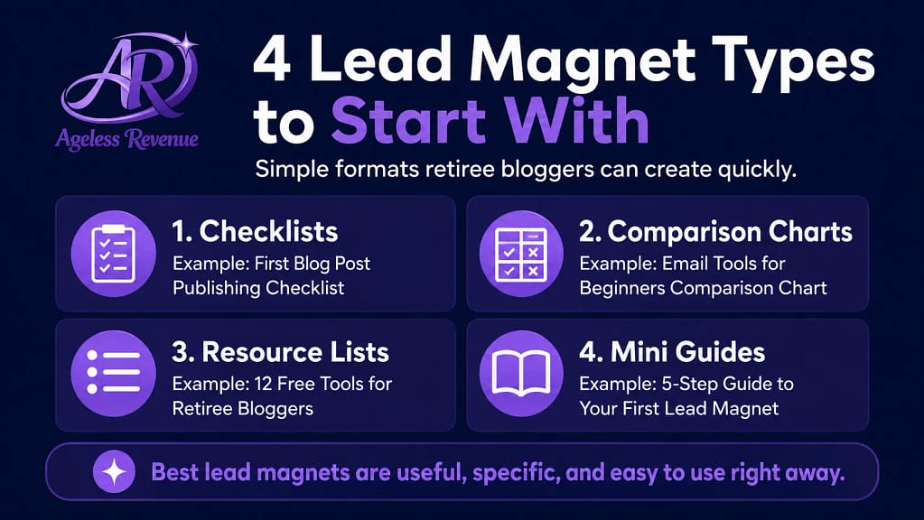 Lead magnet types examples retiree bloggers checklist chart resource guide