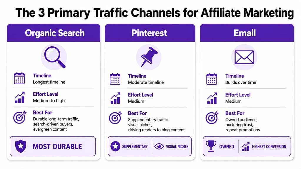 Affiliate marketing traffic channels comparison — organic search Pinterest email timeline