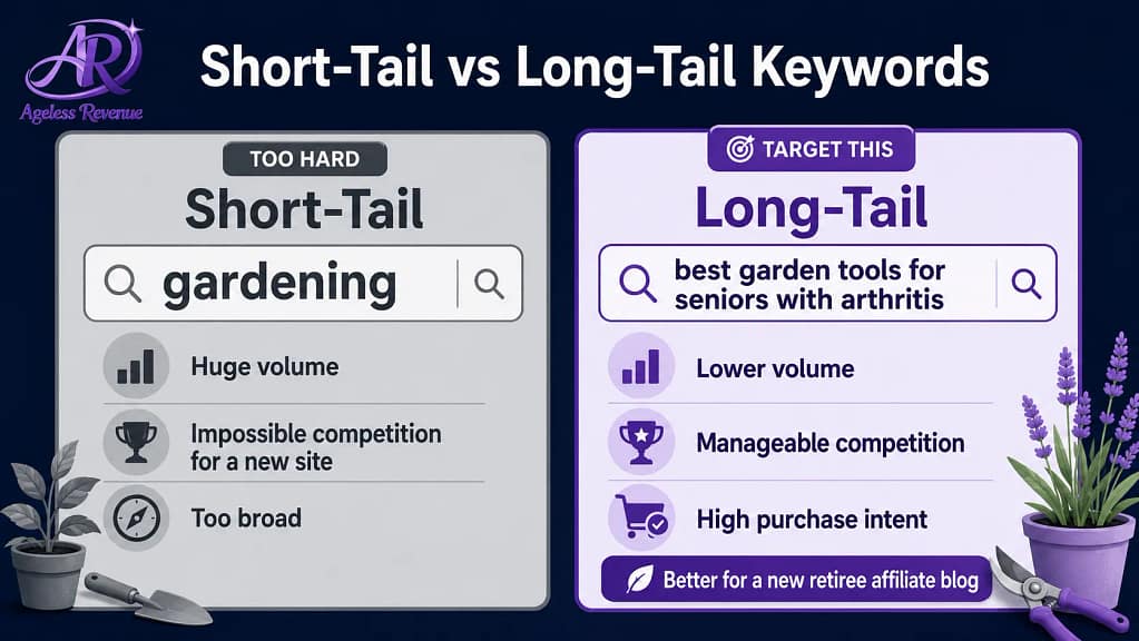 Short tail vs long tail keywords affiliate blog new site competition intent