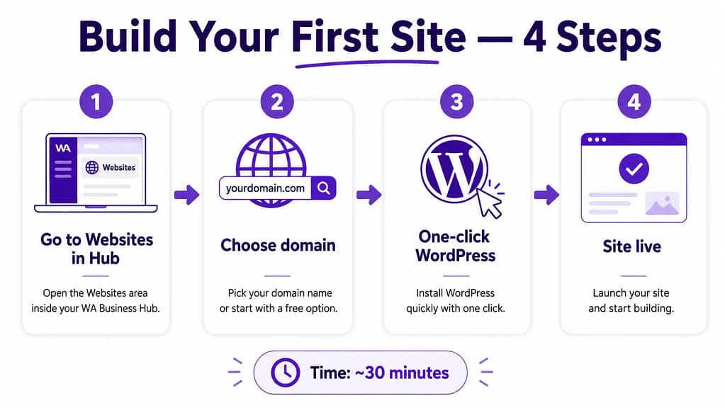 Wealthy Affiliate first website setup steps — WordPress installed in 30 minutes
