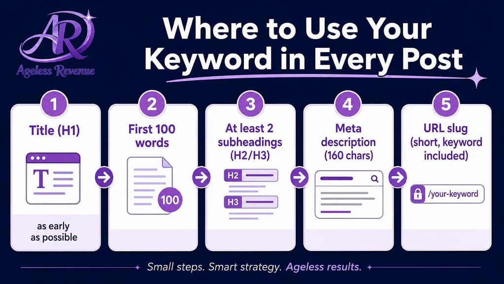 Keyword placement blog post five locations title first 100 words subheadings meta URL