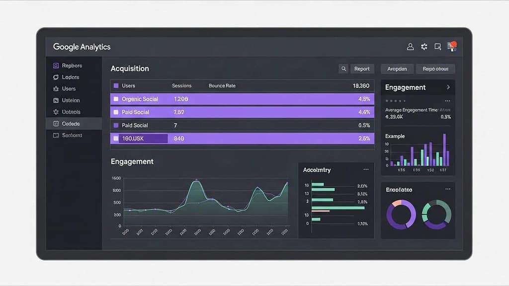 Google Analytics dashboard showing Acquisition and Engagement reports highlighting organic social and paid social traffic.
