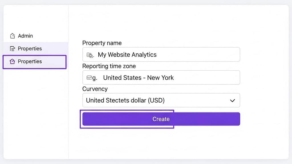 Google Analytics 4 setup screen illustration showing a new property being created for a website Google Analytics for Social Media Traffic to track social traffic.