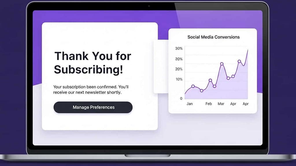 Email signup confirmation screen with analytics chart showing conversions from social media visitors.