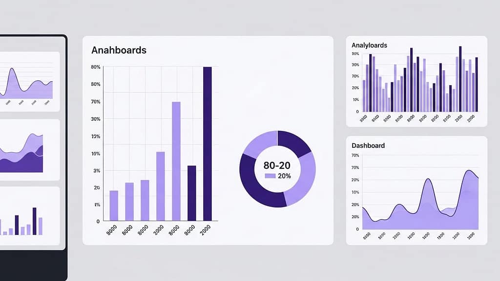 Analytics dashboard showing traffic charts and an 80-20 distribution used to focus SEO efforts for social media marketing.