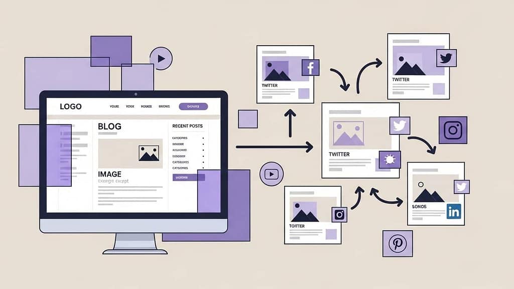 Website blog and social media posts connected by arrows, illustrating SEO-focused cross-promotion between site and socials.