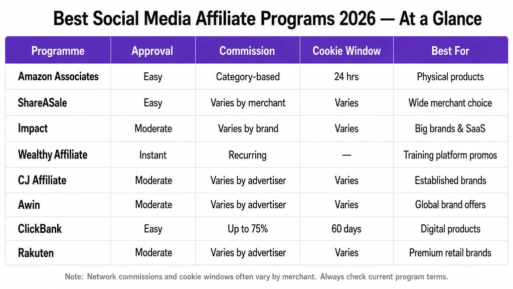 Social media affiliate programs comparison table 2026 — approval commission cookie window