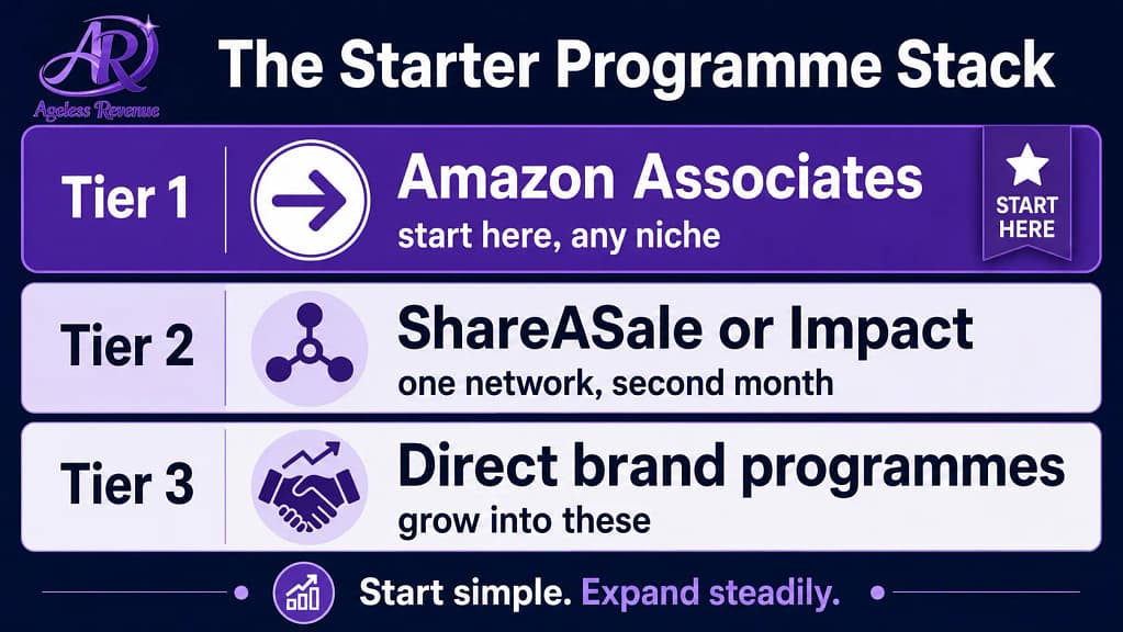 Affiliate programme starter stack for social media beginners Amazon ShareASale Impact three tiers