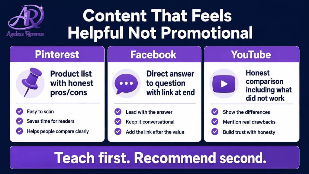 Affiliate content social media helpful not promotional three platform examples Pinterest Facebook YouTube