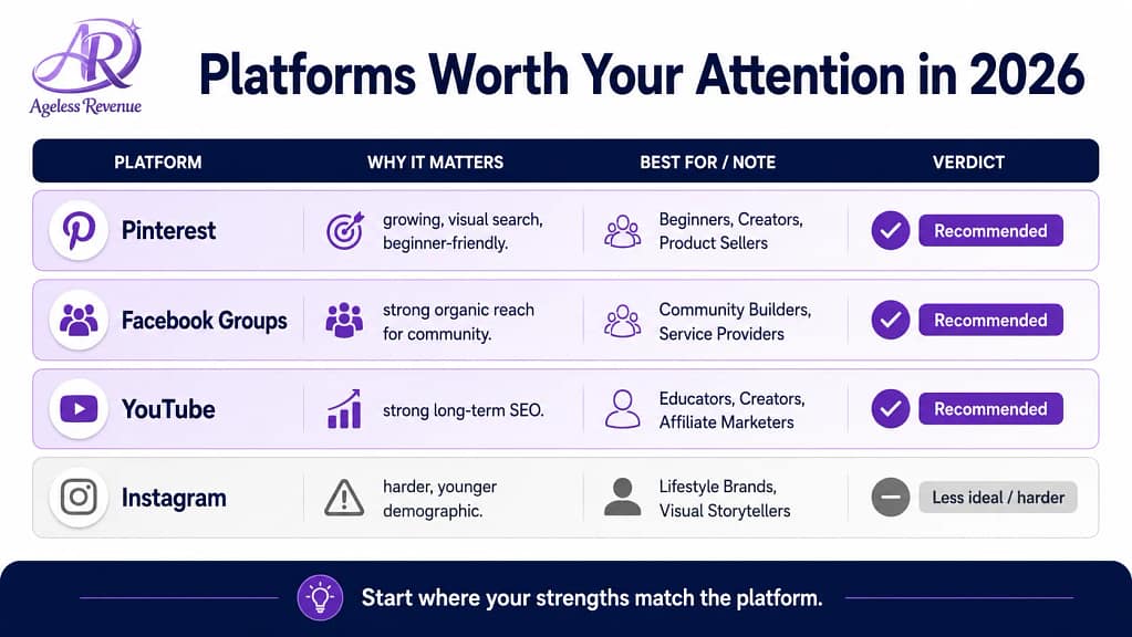 Social media platform summary 2026 for retirees affiliate marketing — Pinterest Facebook YouTube