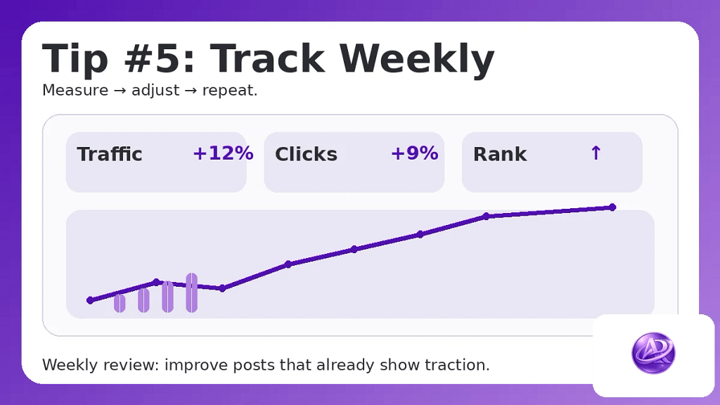 Simple analytics dashboard graphic showing steady growth and weekly review
