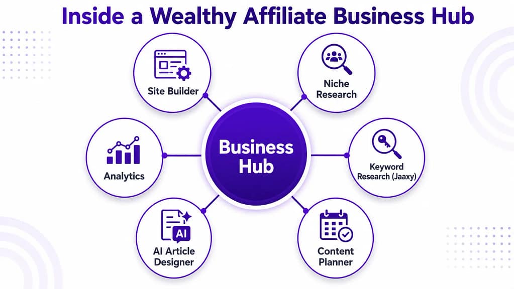 Wealthy Affiliate Business Hubs 2026 — central workspace per niche research site content AI
