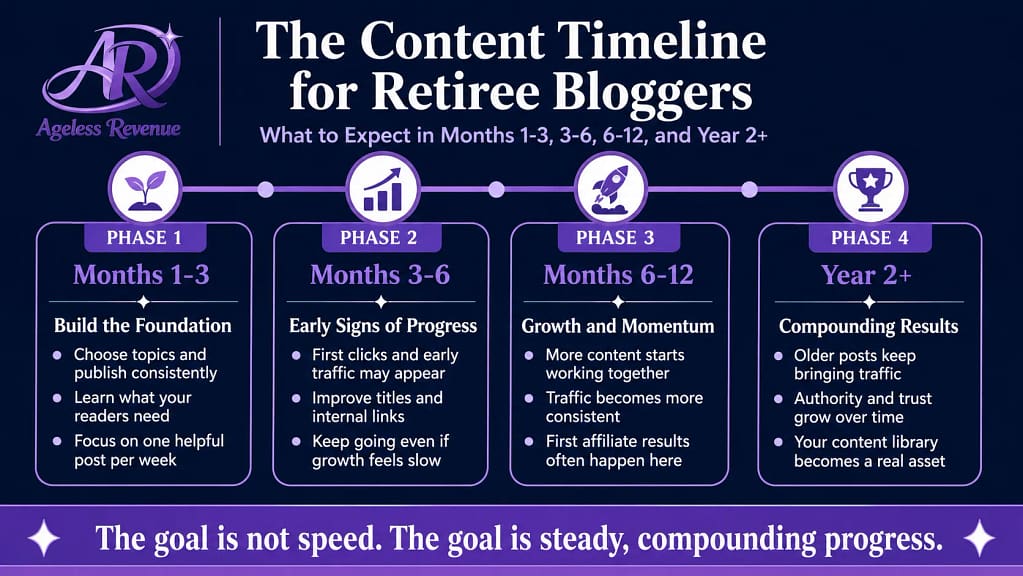 Content marketing income timeline retiree months 1 to year 2 compounding