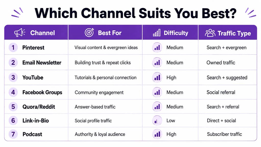 Affiliate marketing channels without a blog comparison table — Pinterest email YouTube Facebook